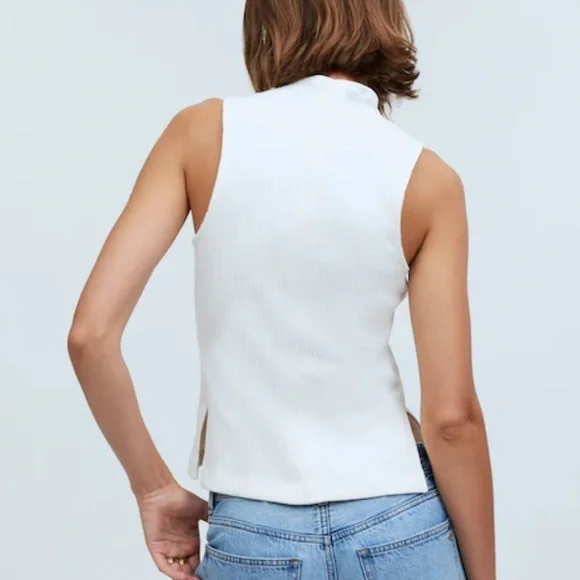 Madewell Side-Slit Mockneck Tank Sleeveless Ribbed Tank Top - Color: Lighthouse - Picture 4 of 14